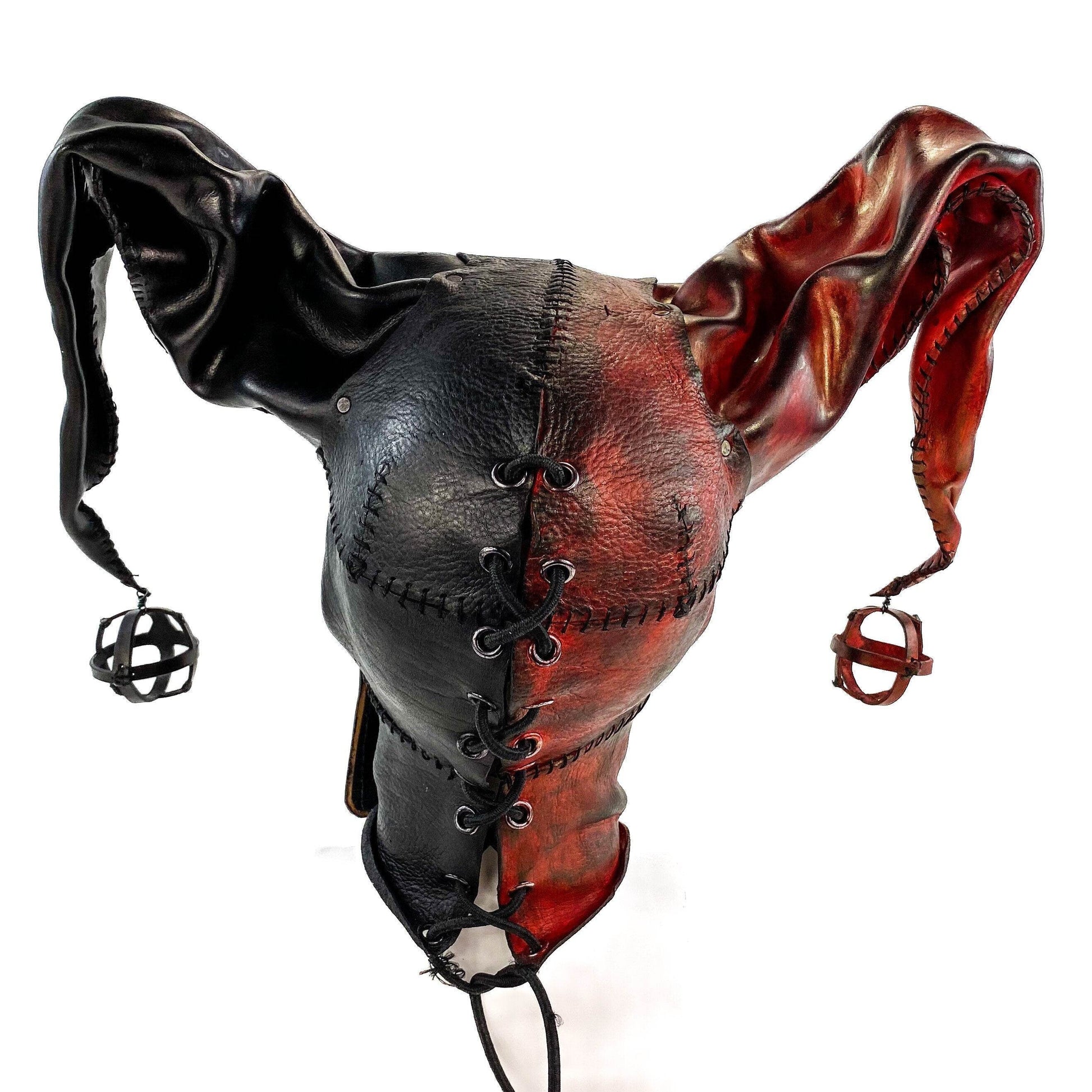 Jester Helmet Genuine Leather Mask in Red and Black - 
