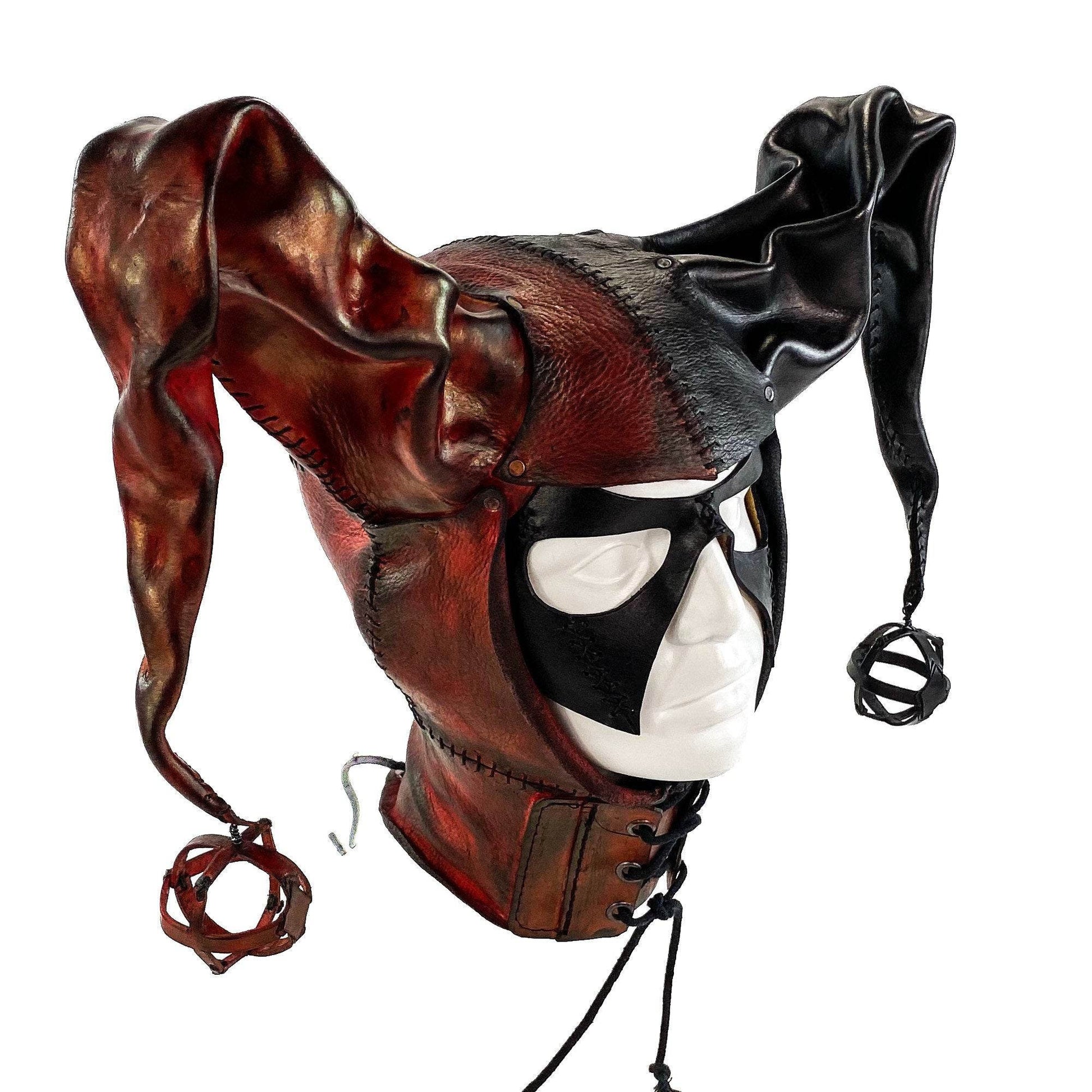 Jester Helmet Genuine Leather Mask in Red and Black - 