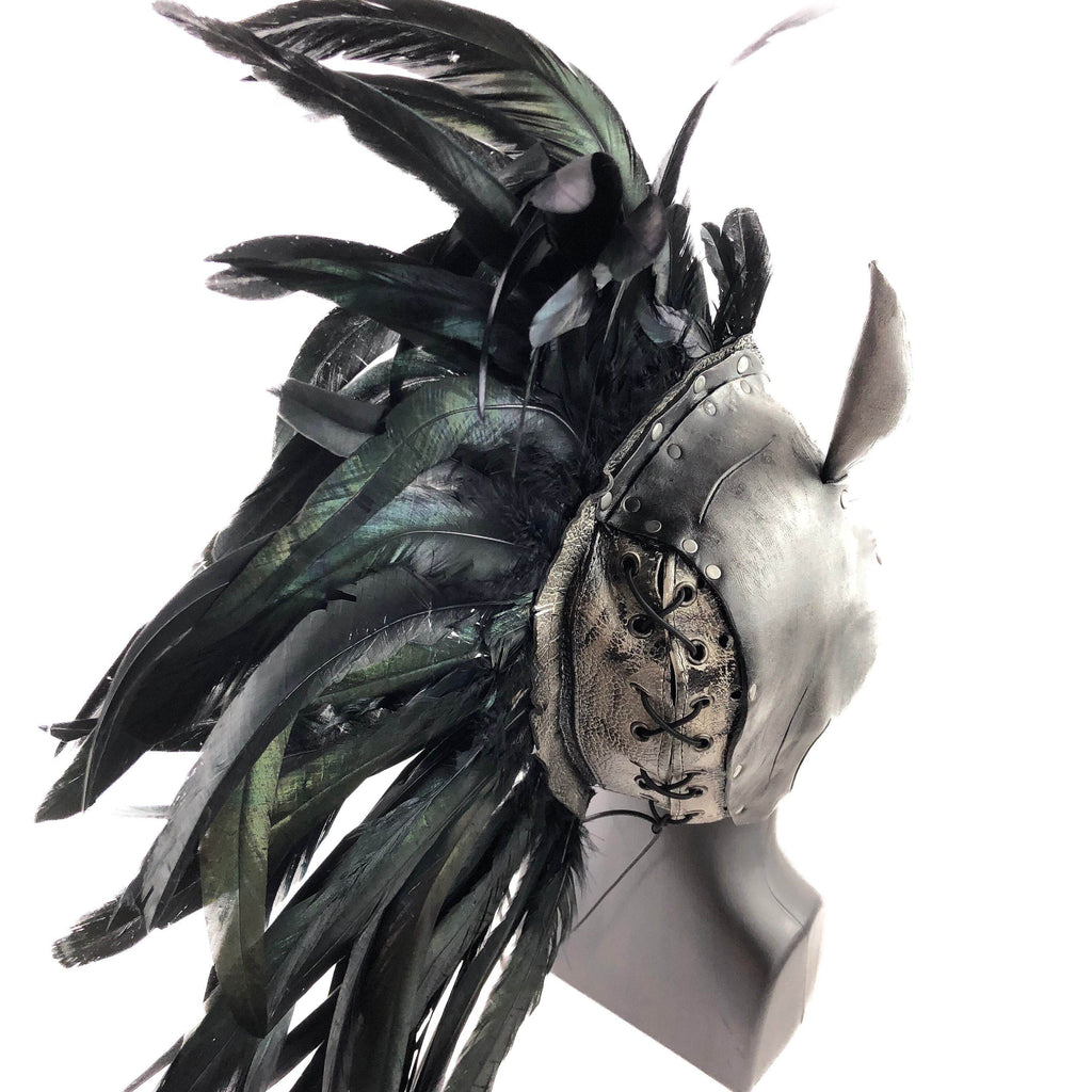 Flying Horse Handmade Genuine Leather Mask with Feathers - 