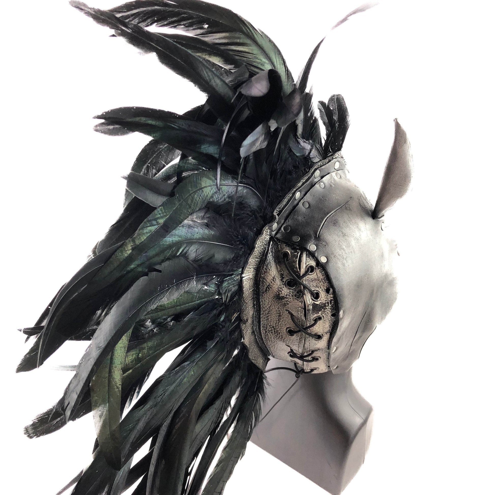 Flying Horse Handmade Genuine Leather Mask with Feathers - 