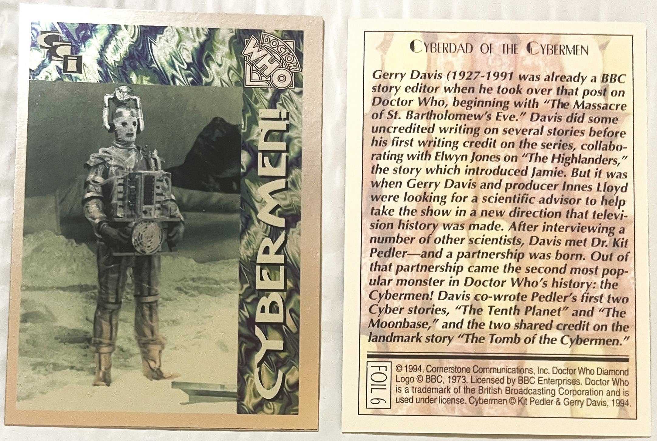 🤖 Vintage 1994 Doctor Who Cybermen Foil Trading Cards — Cards 4–6 of 6 (Set)