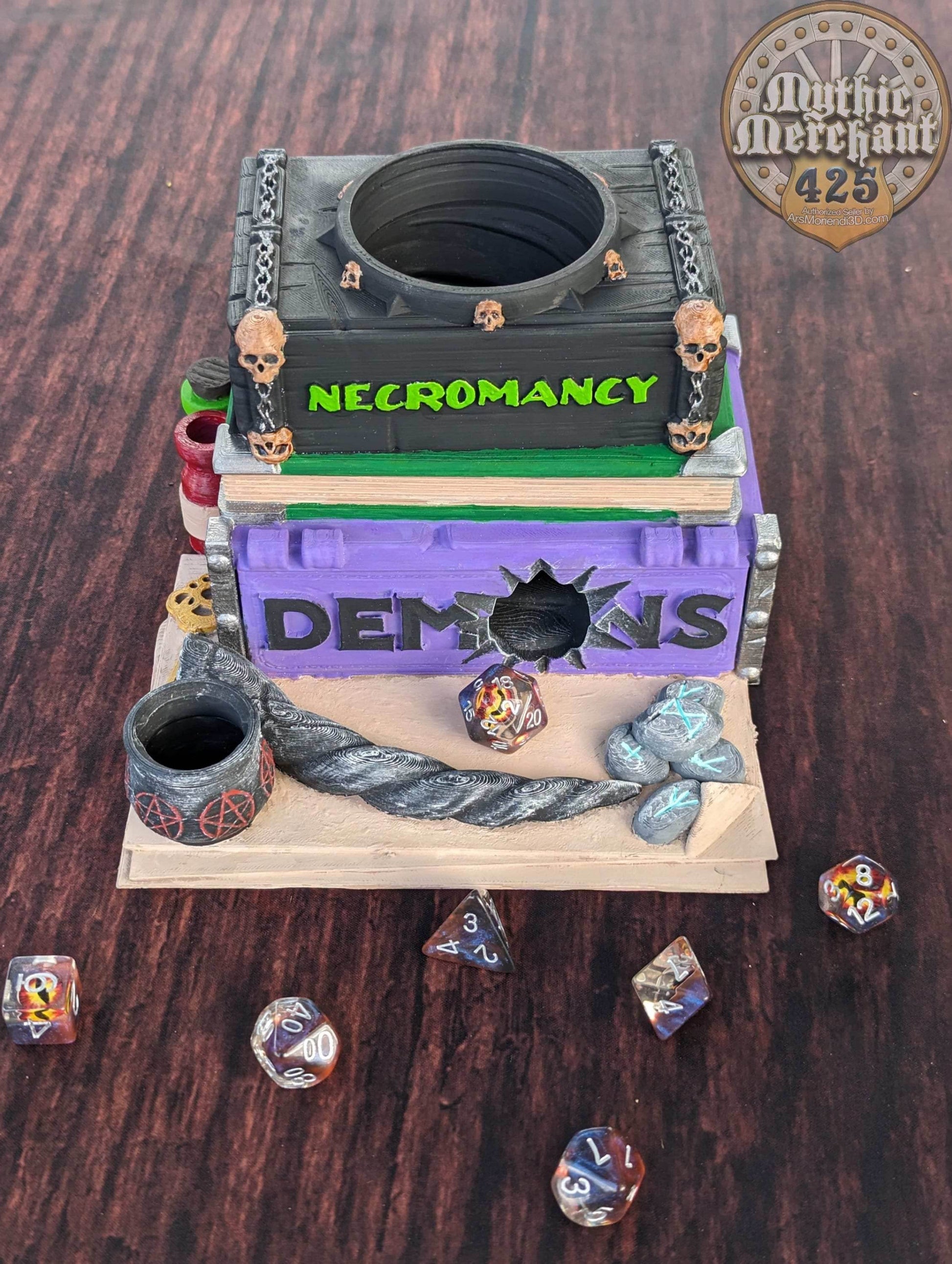 Warlock Spell Book 3D Printed Dice Tower - Mythic Mugs by Ars Moriendi 3D | Dice Tray | D20 Dice Vault - Channel dark magic from the abyss! - Black / Yes- Include Random Dice Set