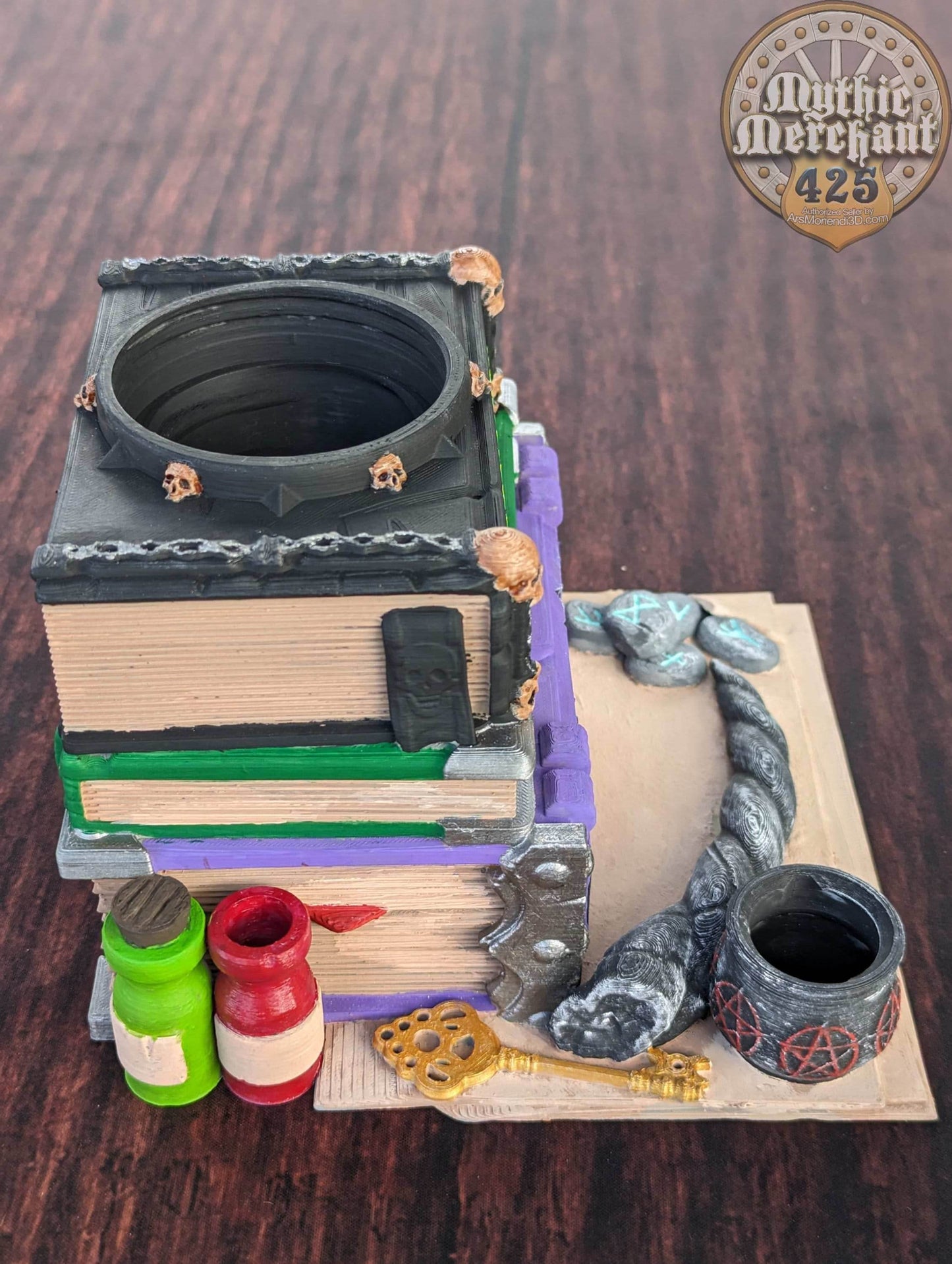 Warlock Spell Book 3D Printed Dice Tower - Mythic Mugs by Ars Moriendi 3D | Dice Tray | D20 Dice Vault - Channel dark magic from the abyss! - Black / Yes- Include Random Dice Set