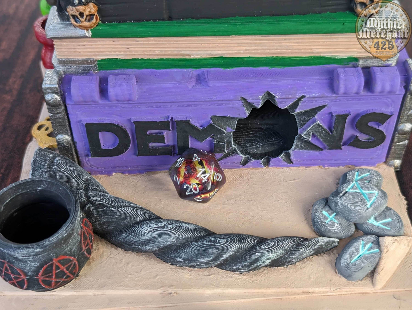 Warlock Spell Book 3D Printed Dice Tower - Mythic Mugs by Ars Moriendi 3D | Dice Tray | D20 Dice Vault - Channel dark magic from the abyss! - Black / Yes- Include Random Dice Set