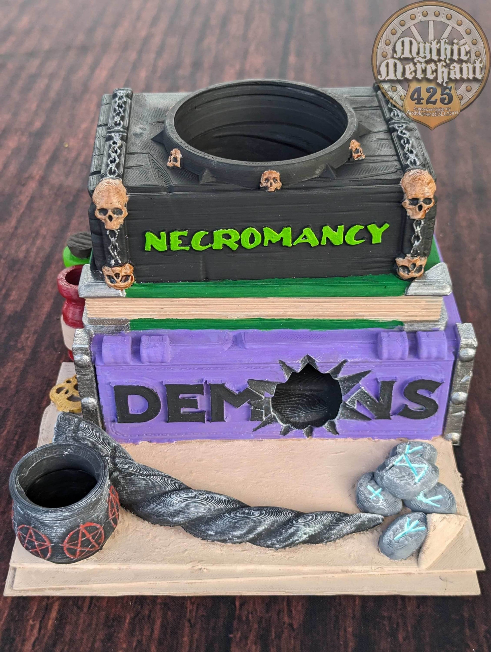 Warlock Spell Book 3D Printed Dice Tower - Mythic Mugs by Ars Moriendi 3D | Dice Tray | D20 Dice Vault - Channel dark magic from the abyss! - Black / Yes- Include Random Dice Set