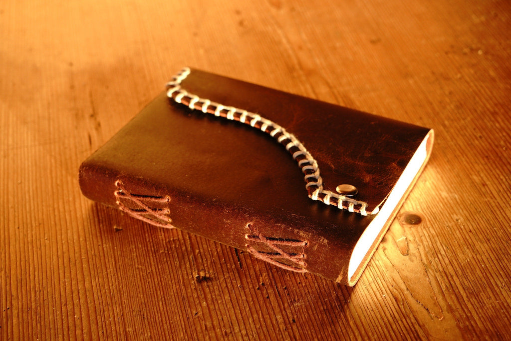 Rustic Distressed Brown Leather Journal with Decorative White Blanket Edge Stitch