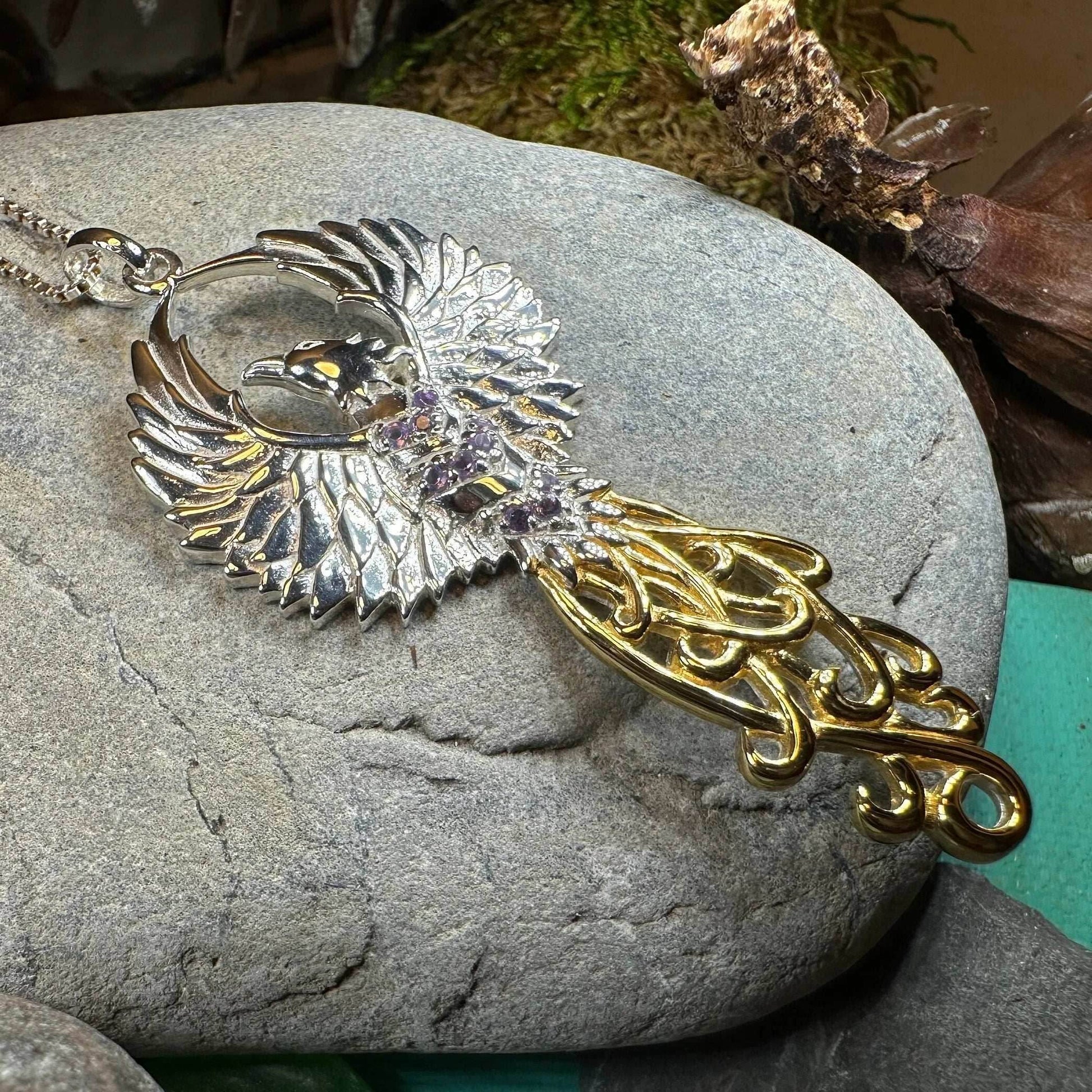 Golden Fire Phoenix Necklace - 18 / Amethyst