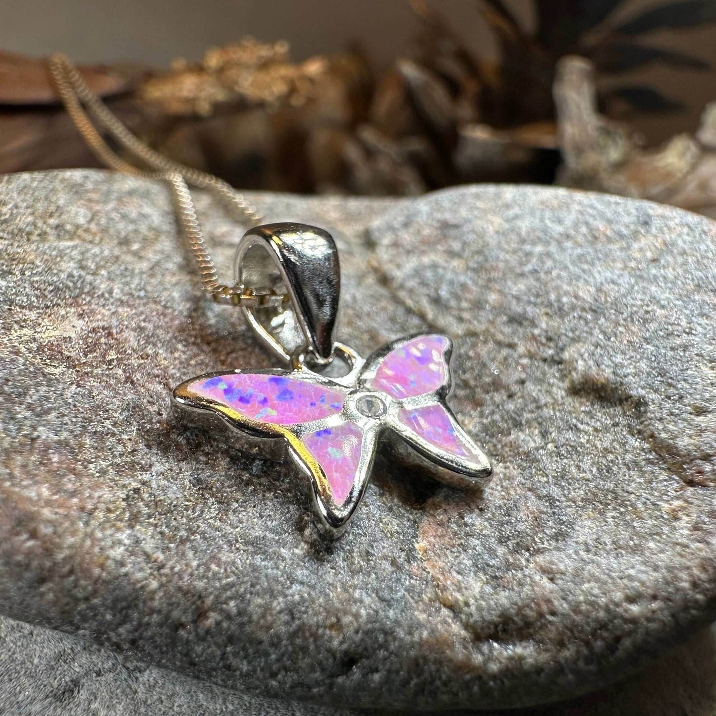 Petite Opal Butterfly Necklace - Pink Opal