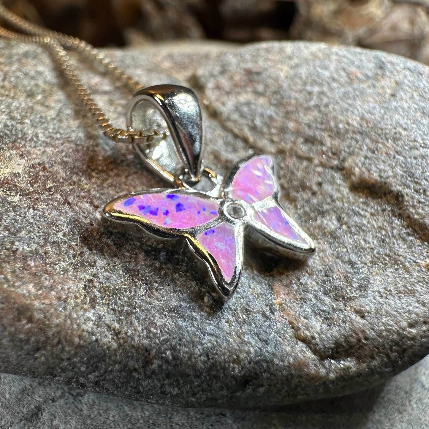 Petite Opal Butterfly Necklace - Pink Opal