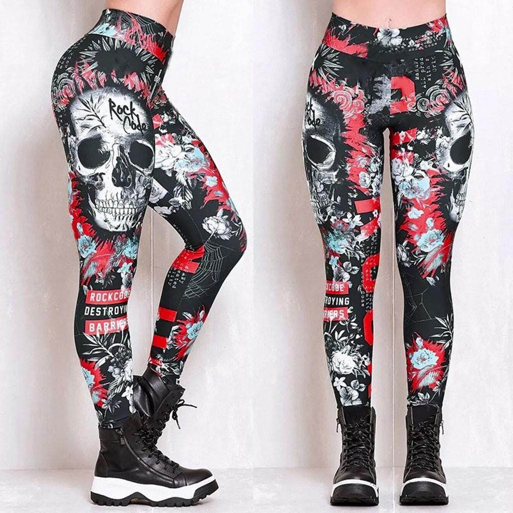 Rock n Roll Skull Red Leggings | Yoga Pants | Dark Gothic Stretchy - Small