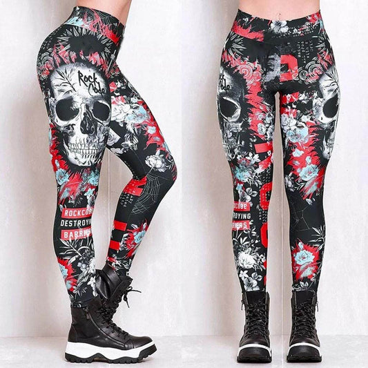 Rock n Roll Skull Red Leggings | Yoga Pants | Dark Gothic Stretchy - Small
