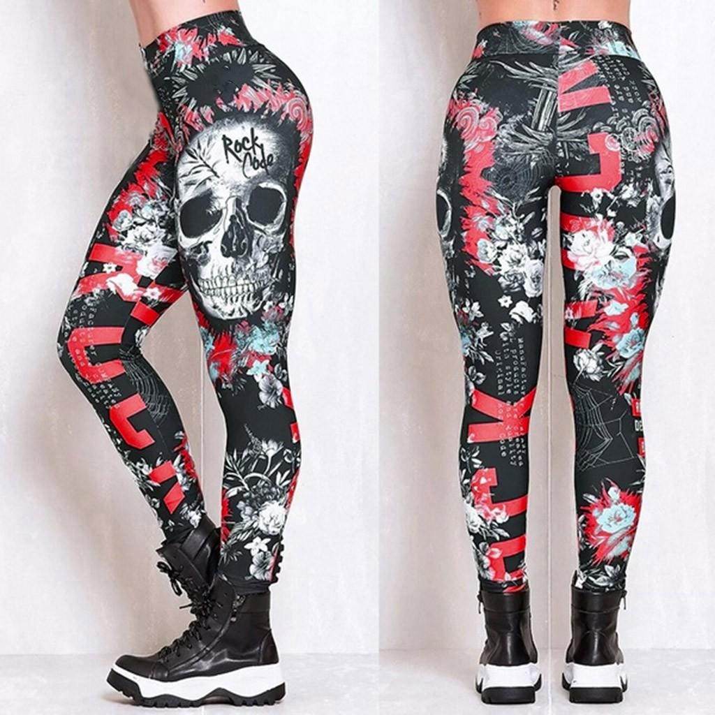 Rock n Roll Skull Red Leggings | Yoga Pants | Dark Gothic Stretchy - Small