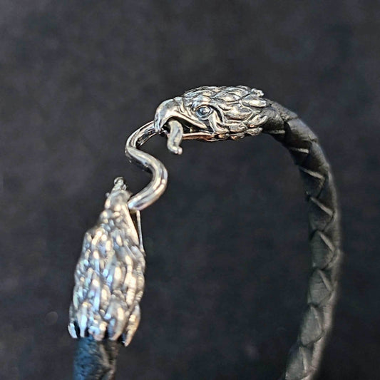 Silver Eagle's Heads Leather Black Braided Bracelet - S - 6.7' (17.0 cm)