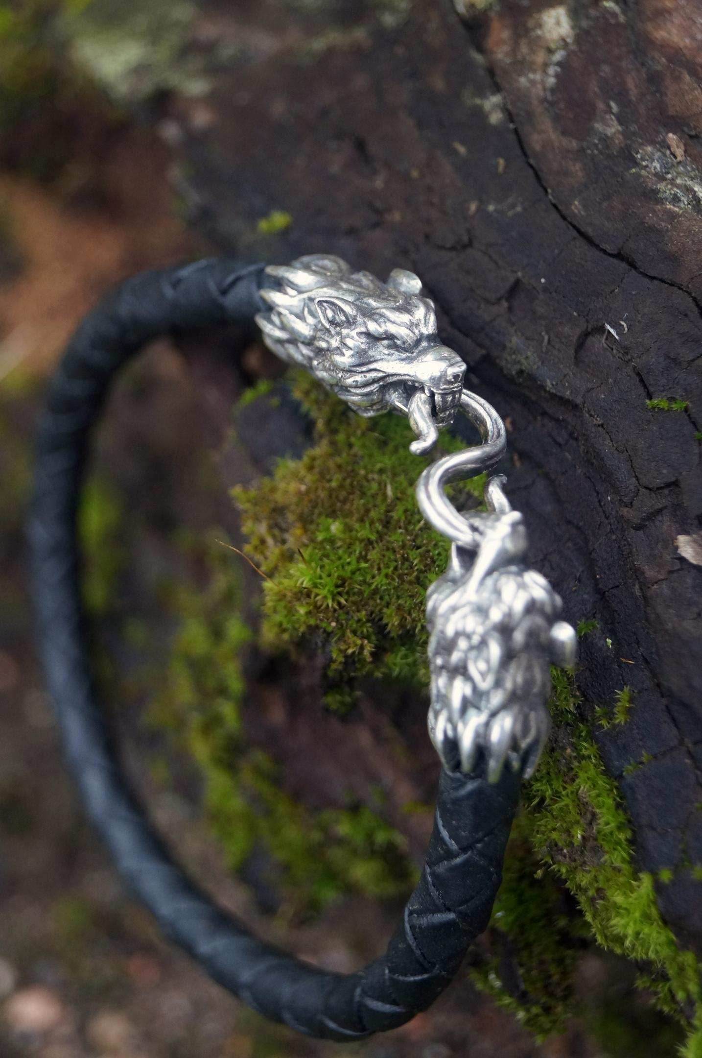 Silver Wolf's Heads Leather Black Braided Bracelet - S - 6.7' (17.0 cm)