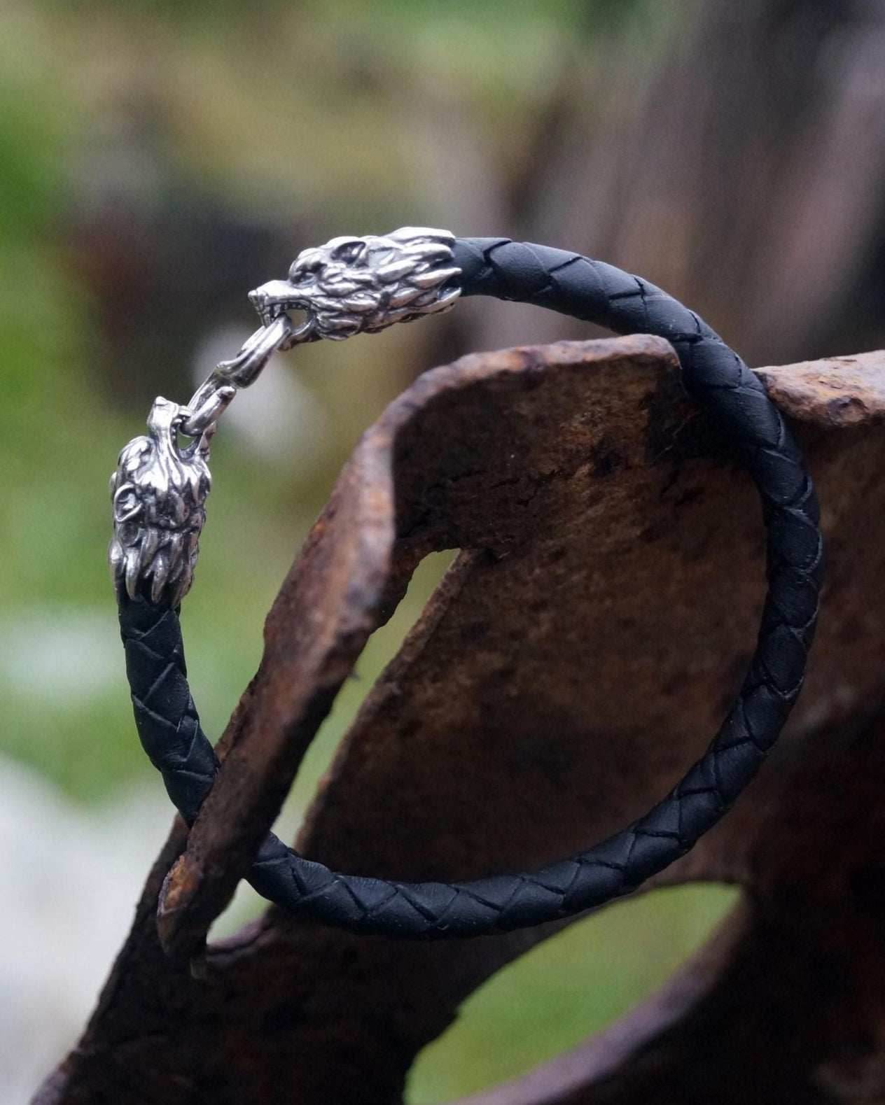Silver Wolf's Heads Leather Black Braided Bracelet - S - 6.7' (17.0 cm)