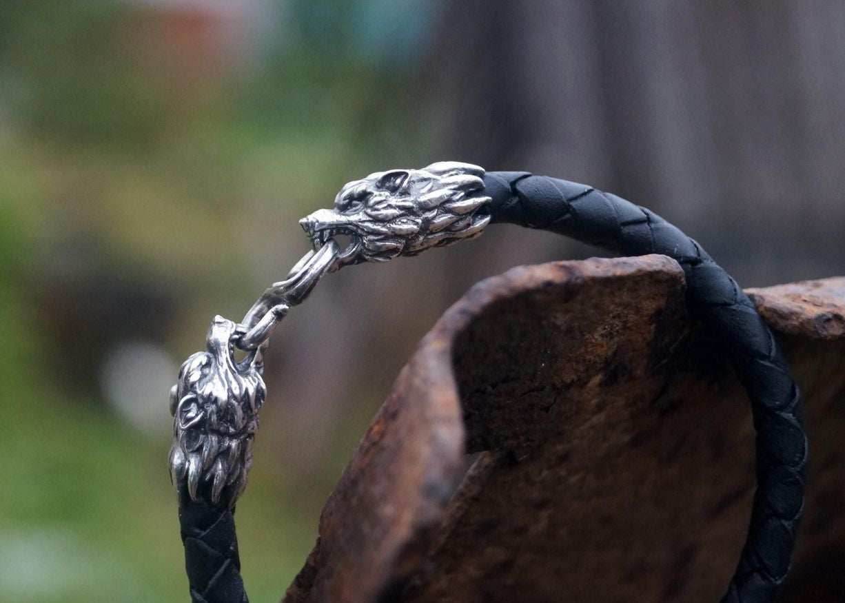 Silver Wolf's Heads Leather Black Braided Bracelet - S - 6.7' (17.0 cm)