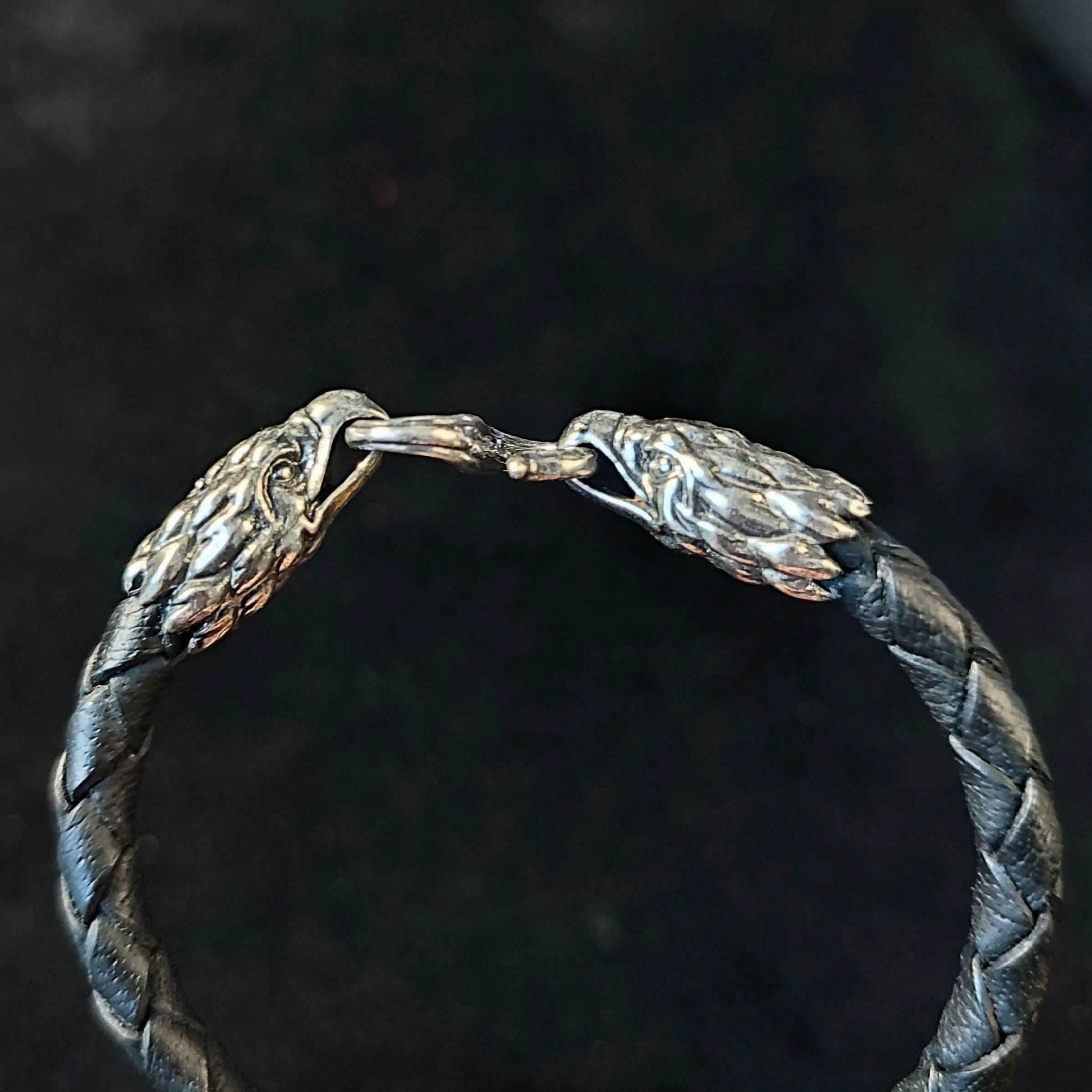 Silver Eagle's Heads Leather Black Braided Bracelet - S - 6.7' (17.0 cm)