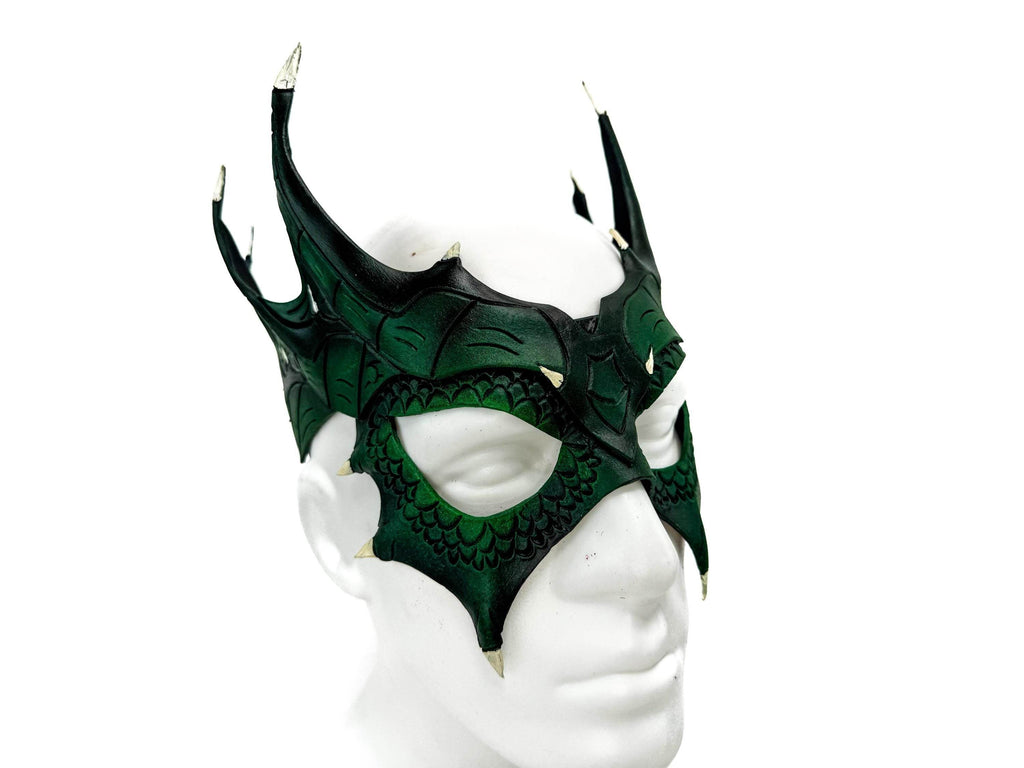 Green Dragon Crown Eye Mask - Handmade Genuine Leather - Masquerade, Halloween or Cosplay Costume - 