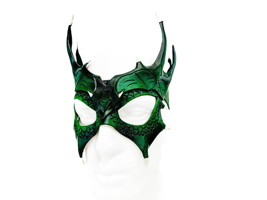 Green Dragon Crown Eye Mask - Handmade Genuine Leather - Masquerade, Halloween or Cosplay Costume - 