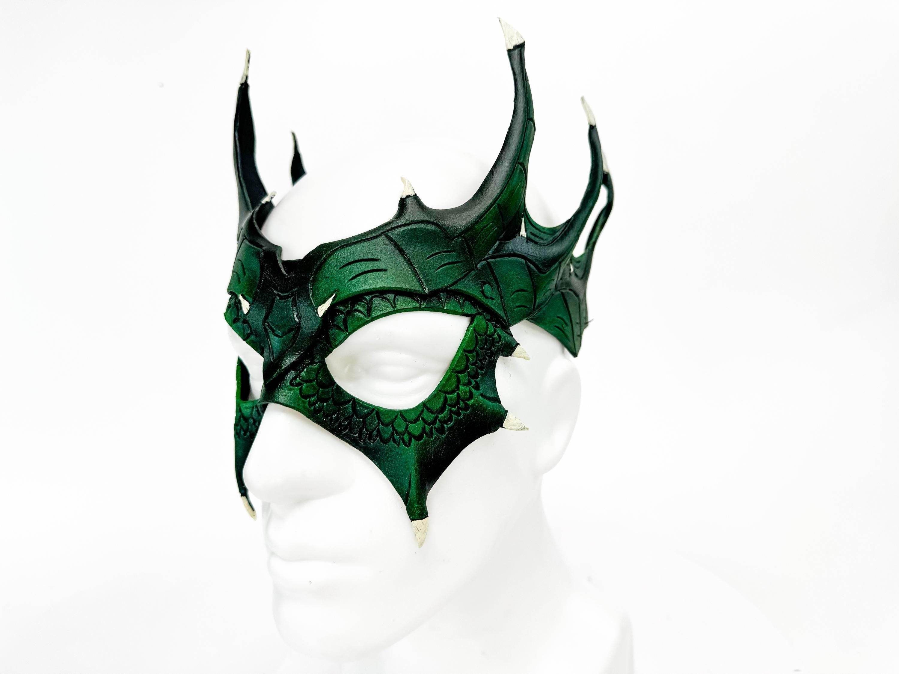 Green Dragon Crown Eye Mask - Handmade Genuine Leather - Masquerade, Halloween or Cosplay Costume - 