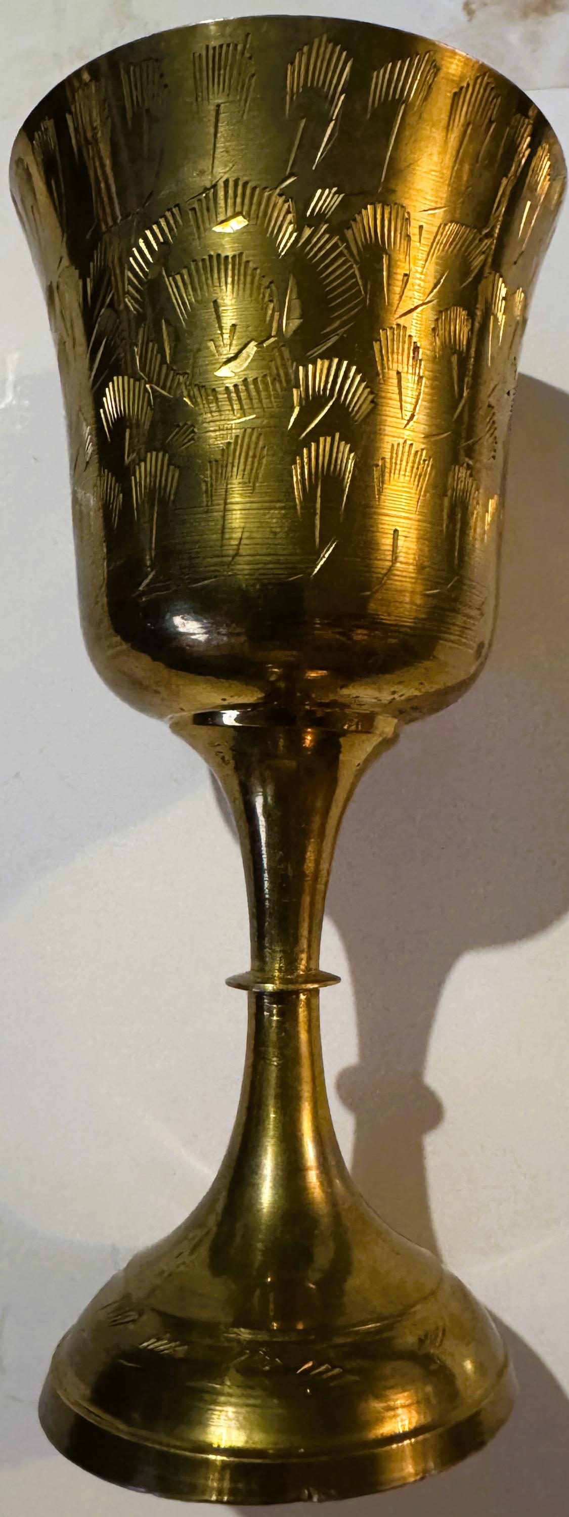 Exquisite Middle Eastern Brass Chalice with Floral Engravings