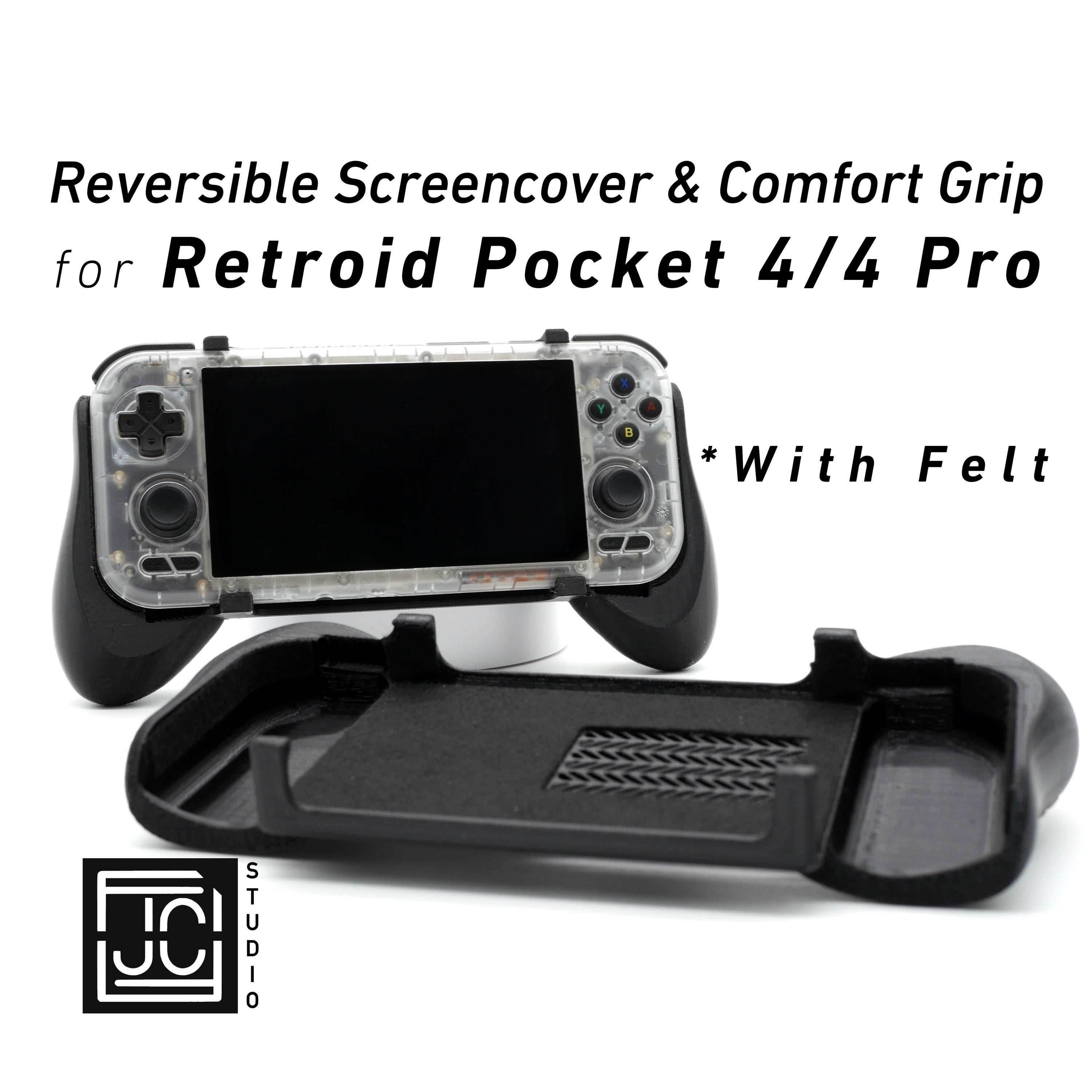 Grip for Retroid Pocket 4 / 4 Pro 2-in-1 Reversible Screen Cover & Thick Comfort Grip Case with Felt Wrap Ergonomic RP4 Handheld 2n1 Deluxe - Black