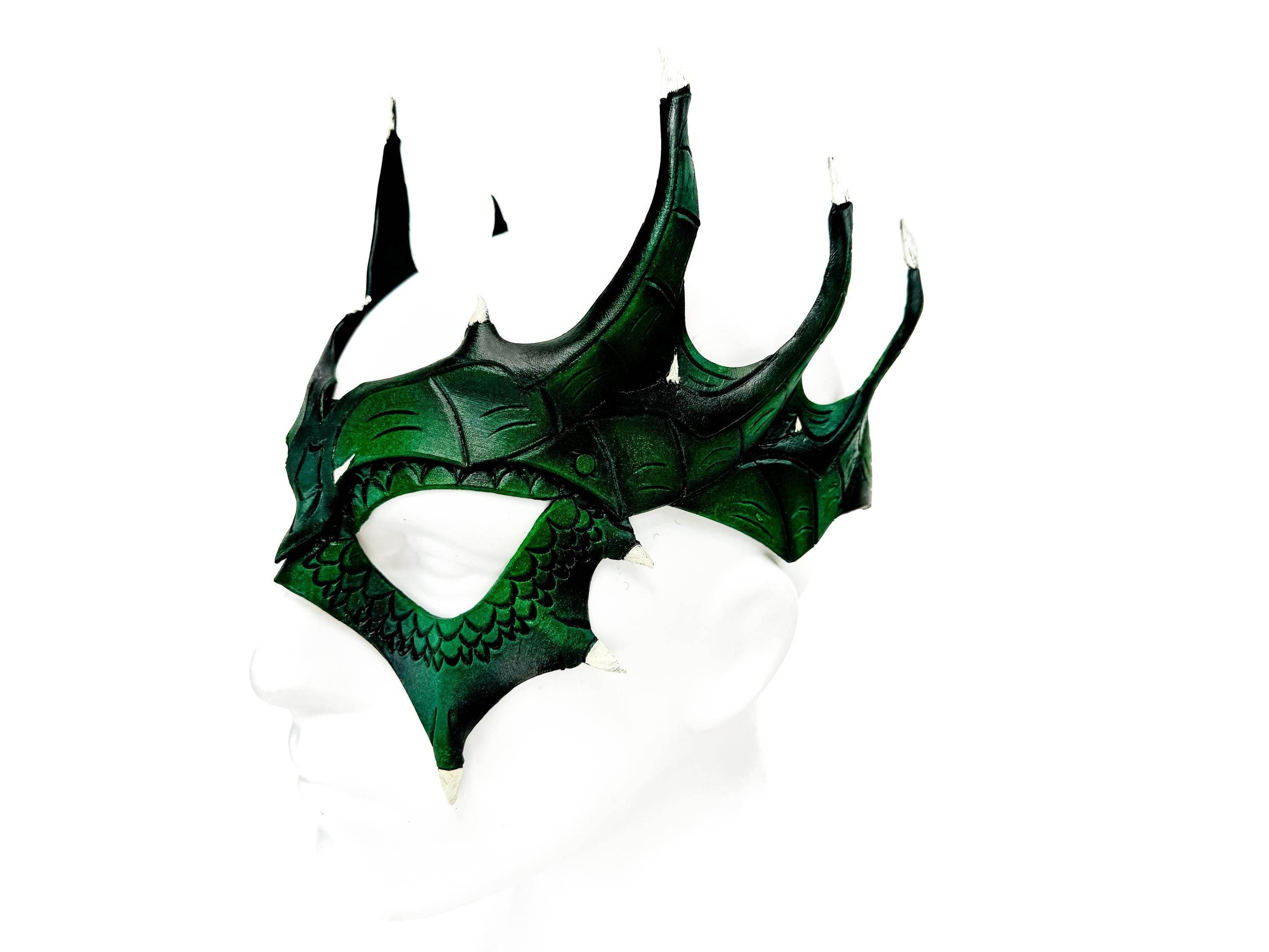 Green Dragon Crown Eye Mask - Handmade Genuine Leather - Masquerade, Halloween or Cosplay Costume - 