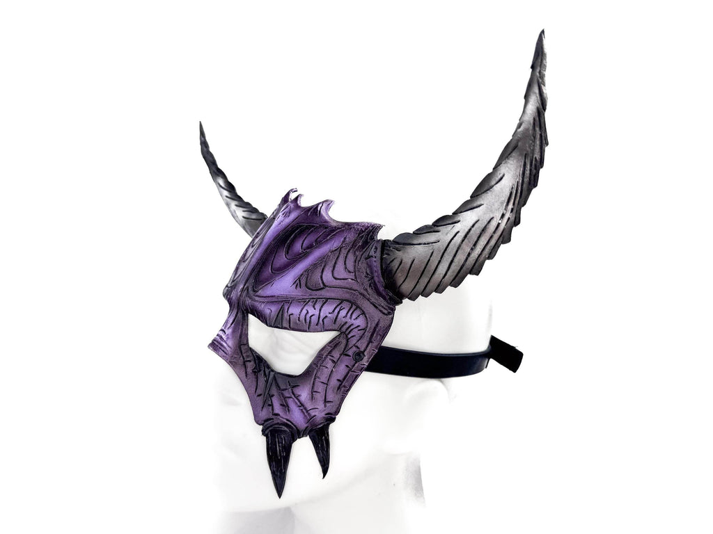 Handmade Genuine Leather Mask with Horns in Purple and White The Horned Beast - 