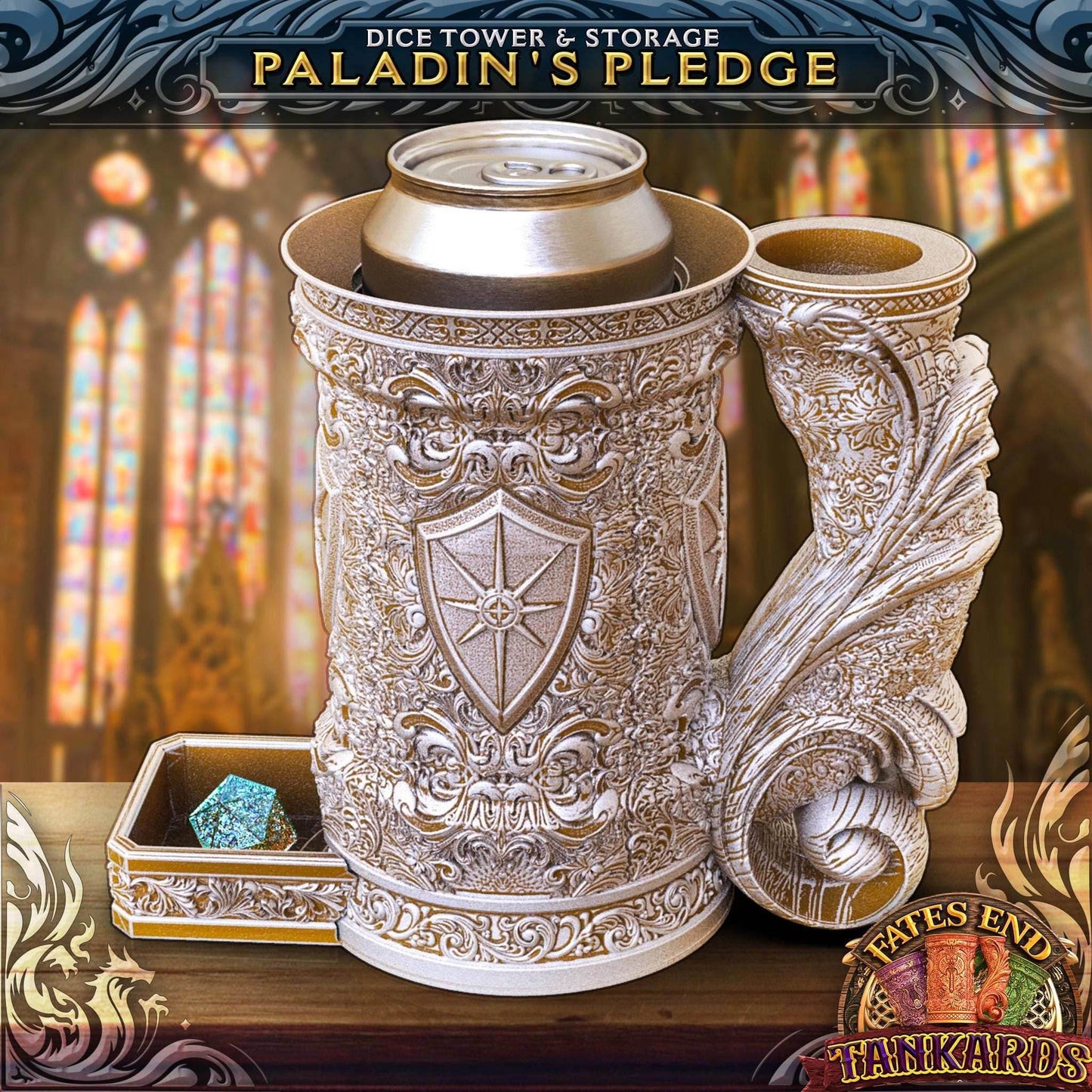 Paladin Themed Tankard Dice Tower and Can Holder with Dice Vault | Fates End RolePlay RP Gamer Mug Roll Gift Storage DND Classes from JCSFY - Dark Magic Black