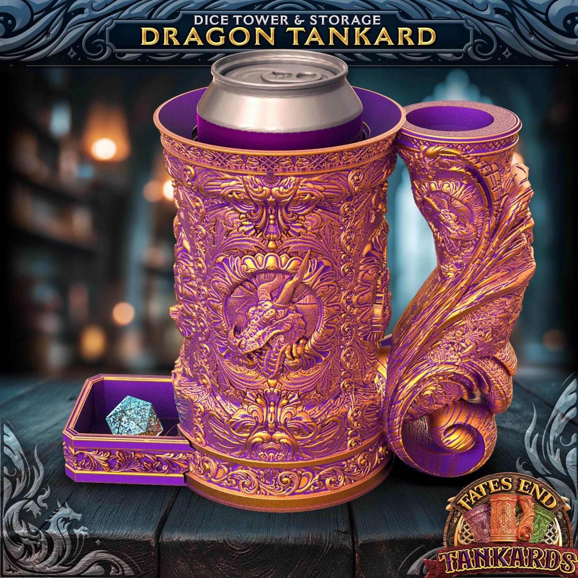Dragon Themed Tankard Dice Tower and Can Holder with Dice Vault | Fates End RolePlay RP Gamer Mug Roll Gift Storage DND Classes from JCSFY - Dark Magic Black