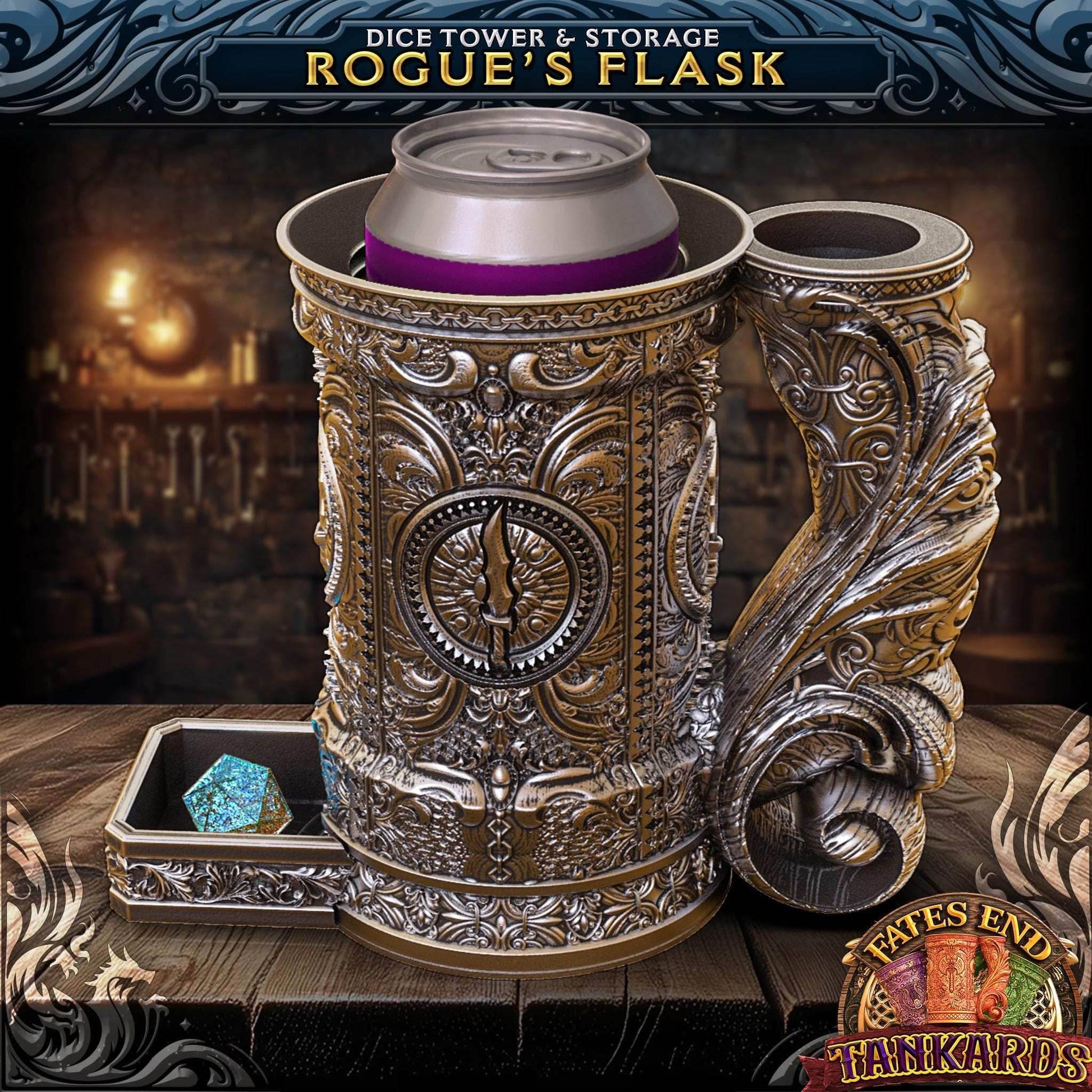 Rogue Themed Tankard Dice Tower and Can Holder with Dice Vault | Fates End RolePlay RP Gamer Mug Roll Gift Storage DND Classes from JCSFY - Dark Magic Black