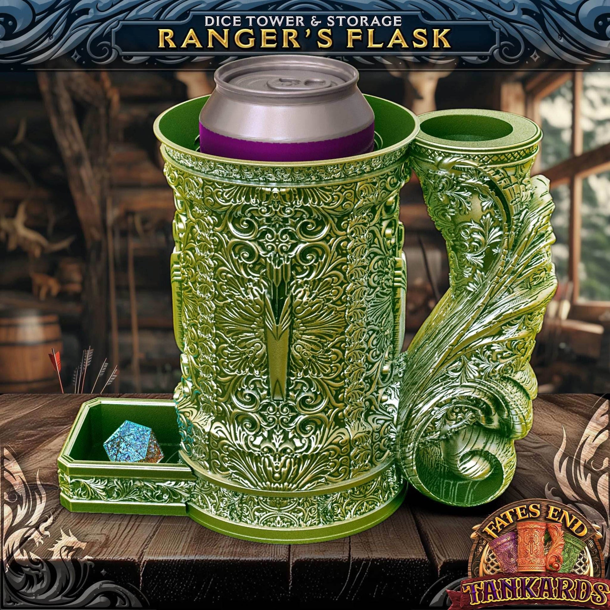 Ranger Themed Tankard Dice Tower and Can Holder with Dice Vault | Fates End RolePlay RP Gamer Mug Roll Gift Storage DND Classes from JCSFY - Dark Magic Black