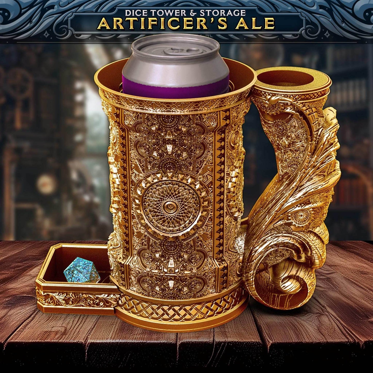 Artificer Tankard Dice Tower and Can Holder with Dice Vault | Fates End RolePlay RP Gamer Mug Roll Gift Storage DND Classes from JCSFY - Dark Magic Black