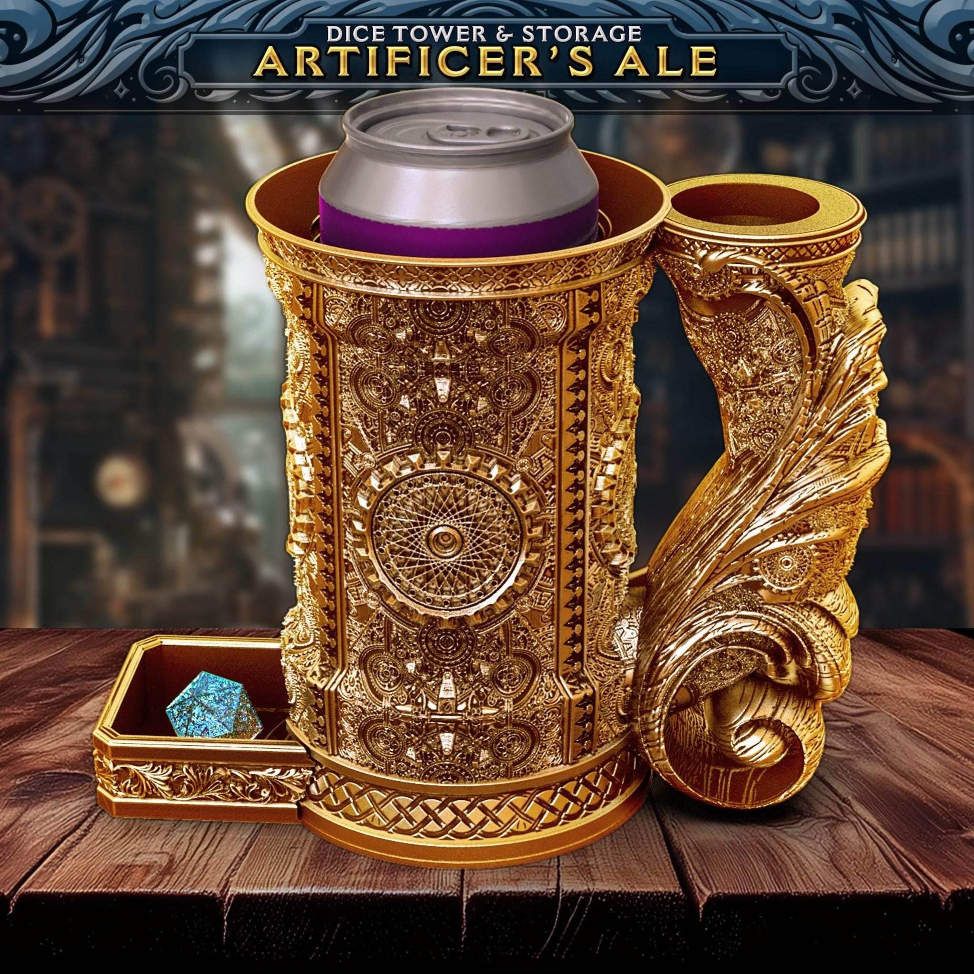 Artificer Tankard Dice Tower and Can Holder with Dice Vault | Fates End RolePlay RP Gamer Mug Roll Gift Storage DND Classes from JCSFY - Dark Magic Black