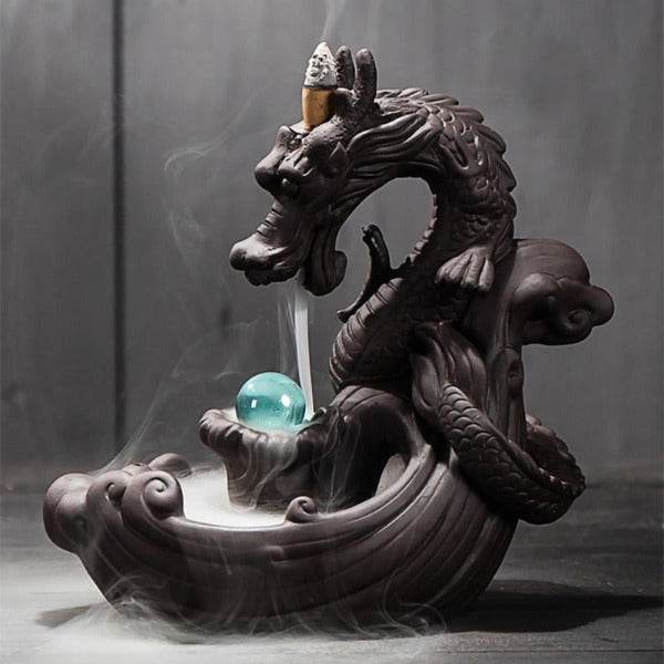 Pearl Guarding Dragon Backflow Incense Burner - Brown