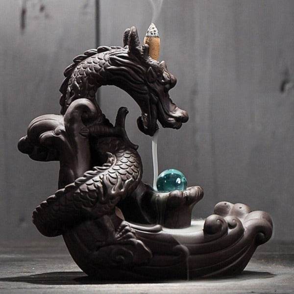 Pearl Guarding Dragon Backflow Incense Burner - Brown