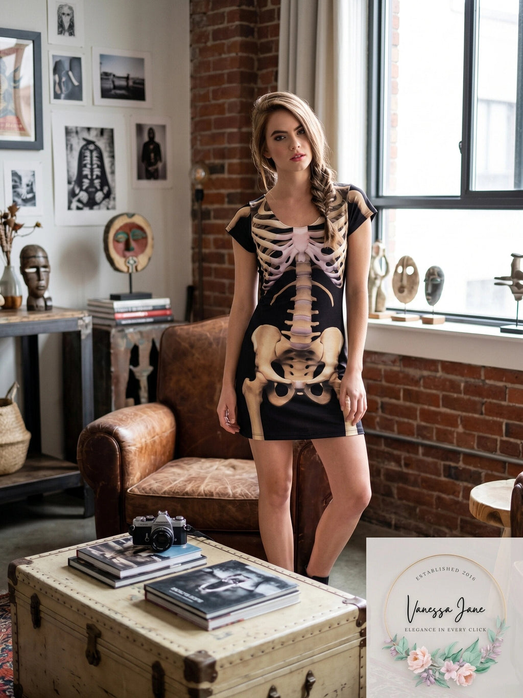 Faux Real Skeleton Sublimated Photorealistic Halloween Costume Dress, Medium