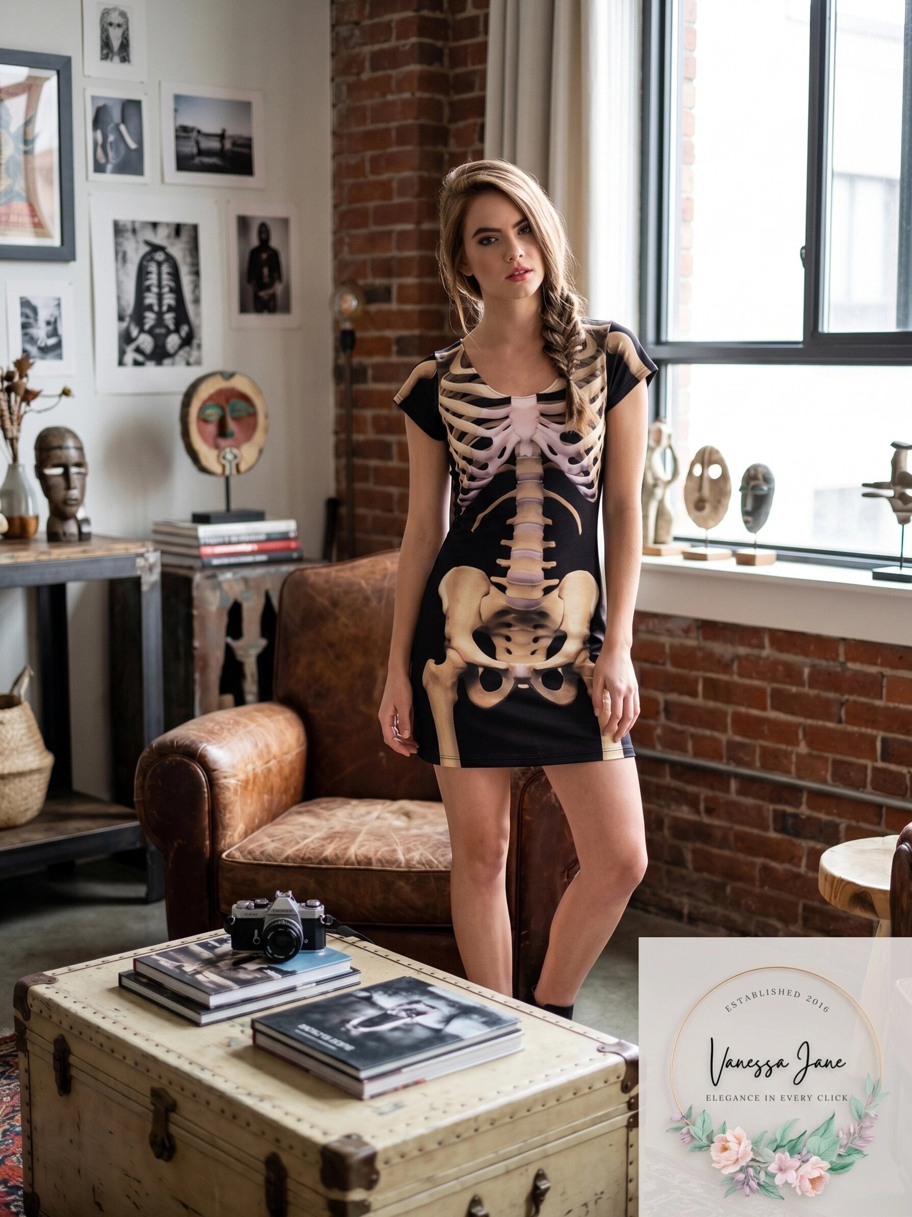 Faux Real Skeleton Sublimated Photorealistic Halloween Costume Dress, Medium