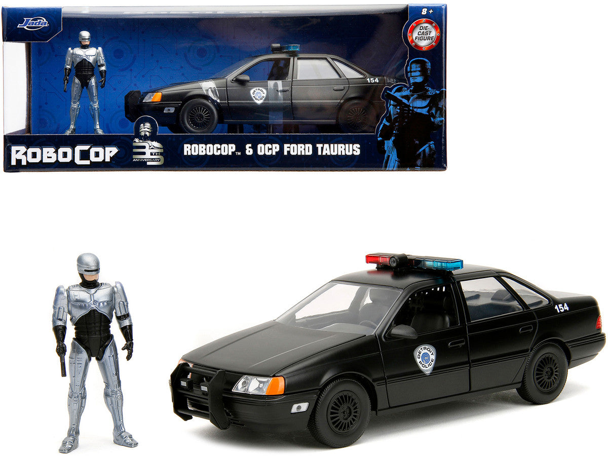 Ford Taurus OCP Matt Black "Detroit Police" and Robocop Diecast Figure 35th Anniversary "Robocop" (1987) Movie "Hollywood Rides" Series 1/24 Diecast Model Car by Jada-0