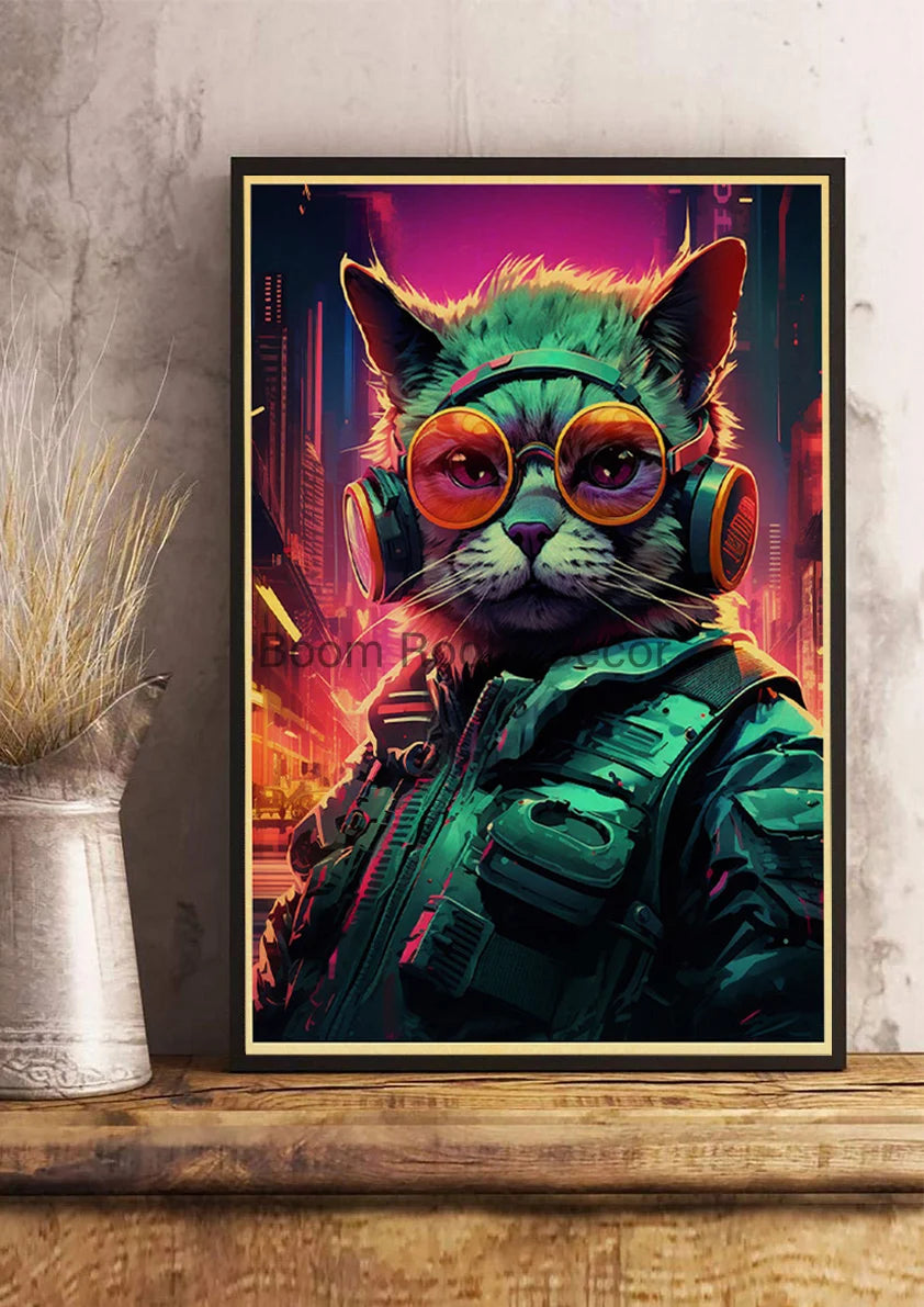 Japan Pop Cyberpunk Animals Posters Aesthetic Kraft Paper Print Bedroom Printed Kawaii Coffee Canvas Wall Art Home Decoration