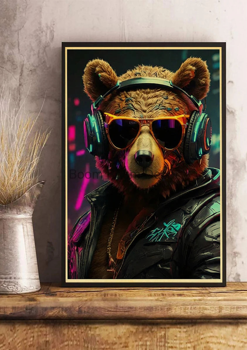 Japan Pop Cyberpunk Animals Posters Aesthetic Kraft Paper Print Bedroom Printed Kawaii Coffee Canvas Wall Art Home Decoration