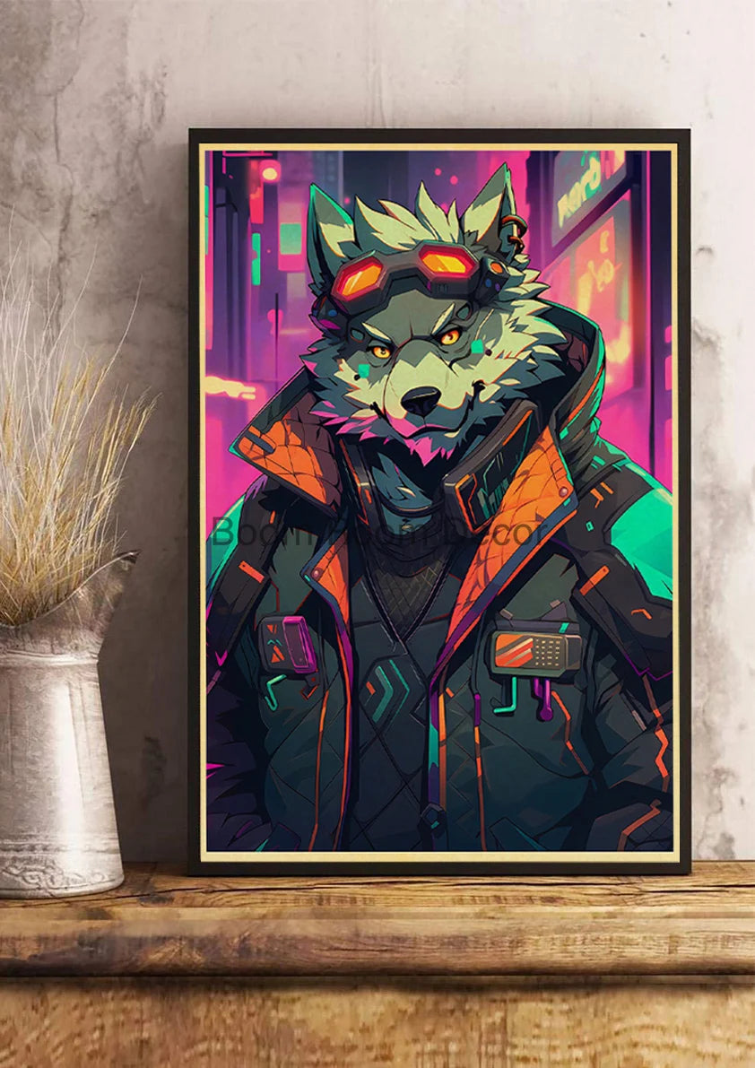 Japan Pop Cyberpunk Animals Posters Aesthetic Kraft Paper Print Bedroom Printed Kawaii Coffee Canvas Wall Art Home Decoration