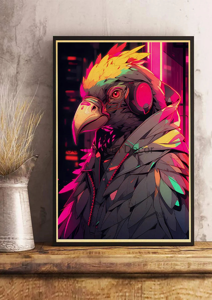 Japan Pop Cyberpunk Animals Posters Aesthetic Kraft Paper Print Bedroom Printed Kawaii Coffee Canvas Wall Art Home Decoration