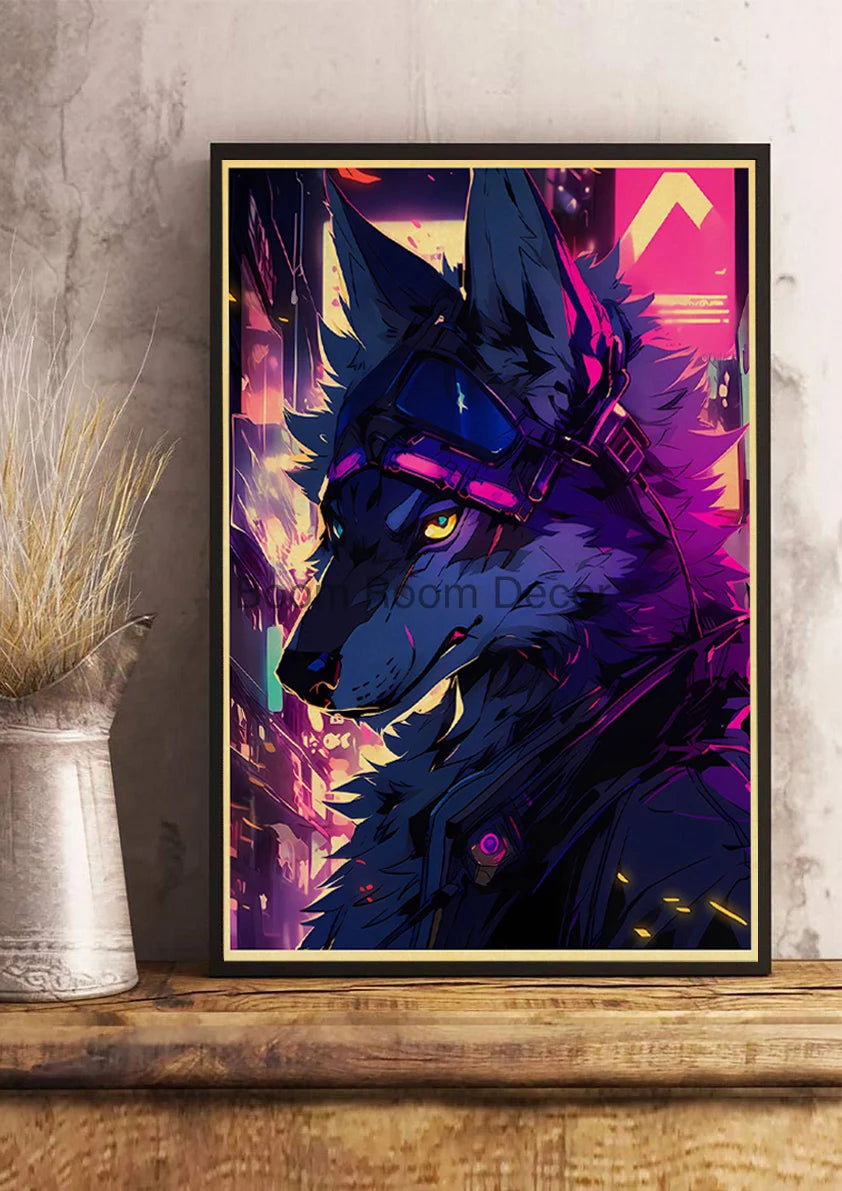 Japan Pop Cyberpunk Animals Posters Aesthetic Kraft Paper Print Bedroom Printed Kawaii Coffee Canvas Wall Art Home Decoration