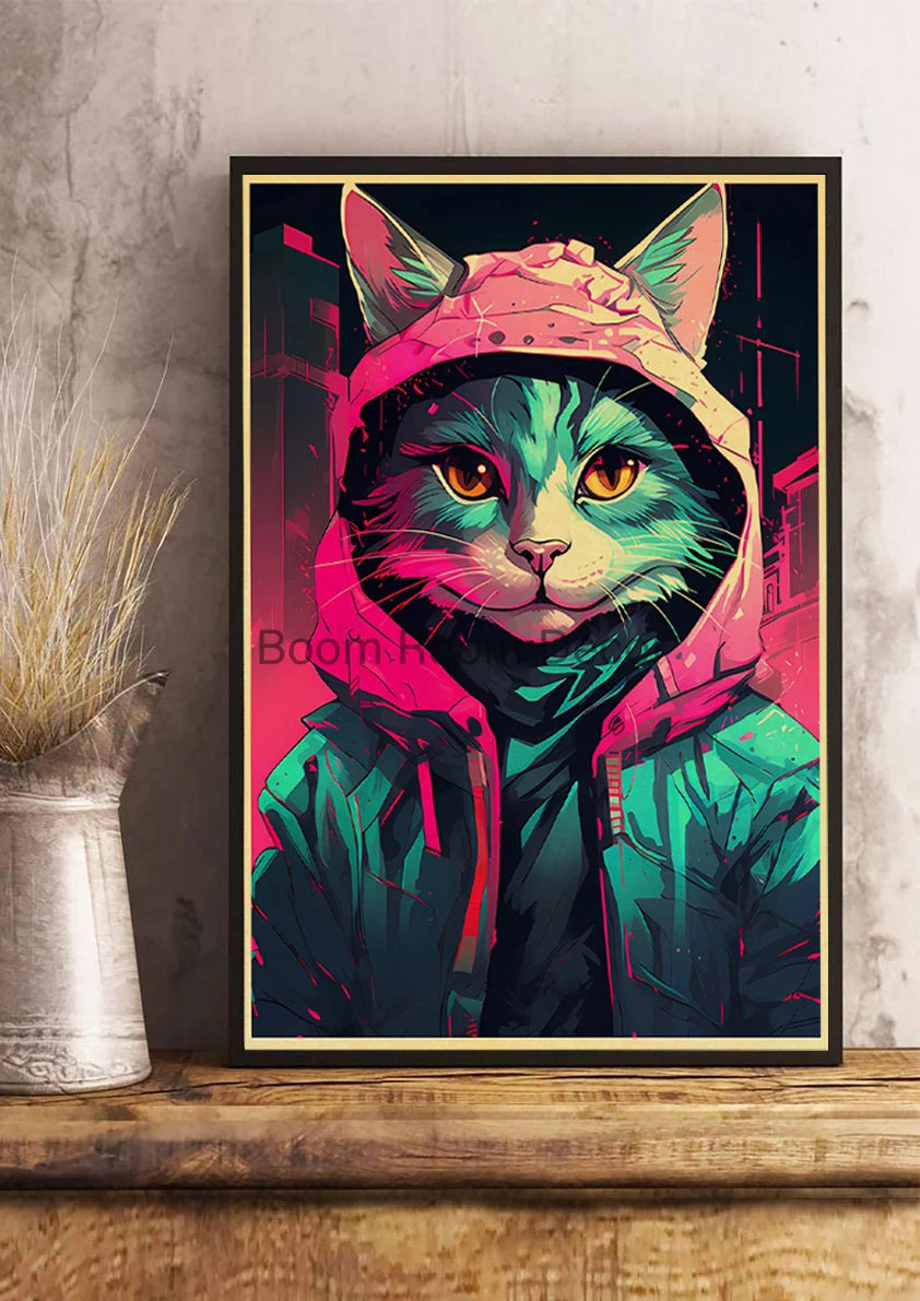 Japan Pop Cyberpunk Animals Posters Aesthetic Kraft Paper Print Bedroom Printed Kawaii Coffee Canvas Wall Art Home Decoration