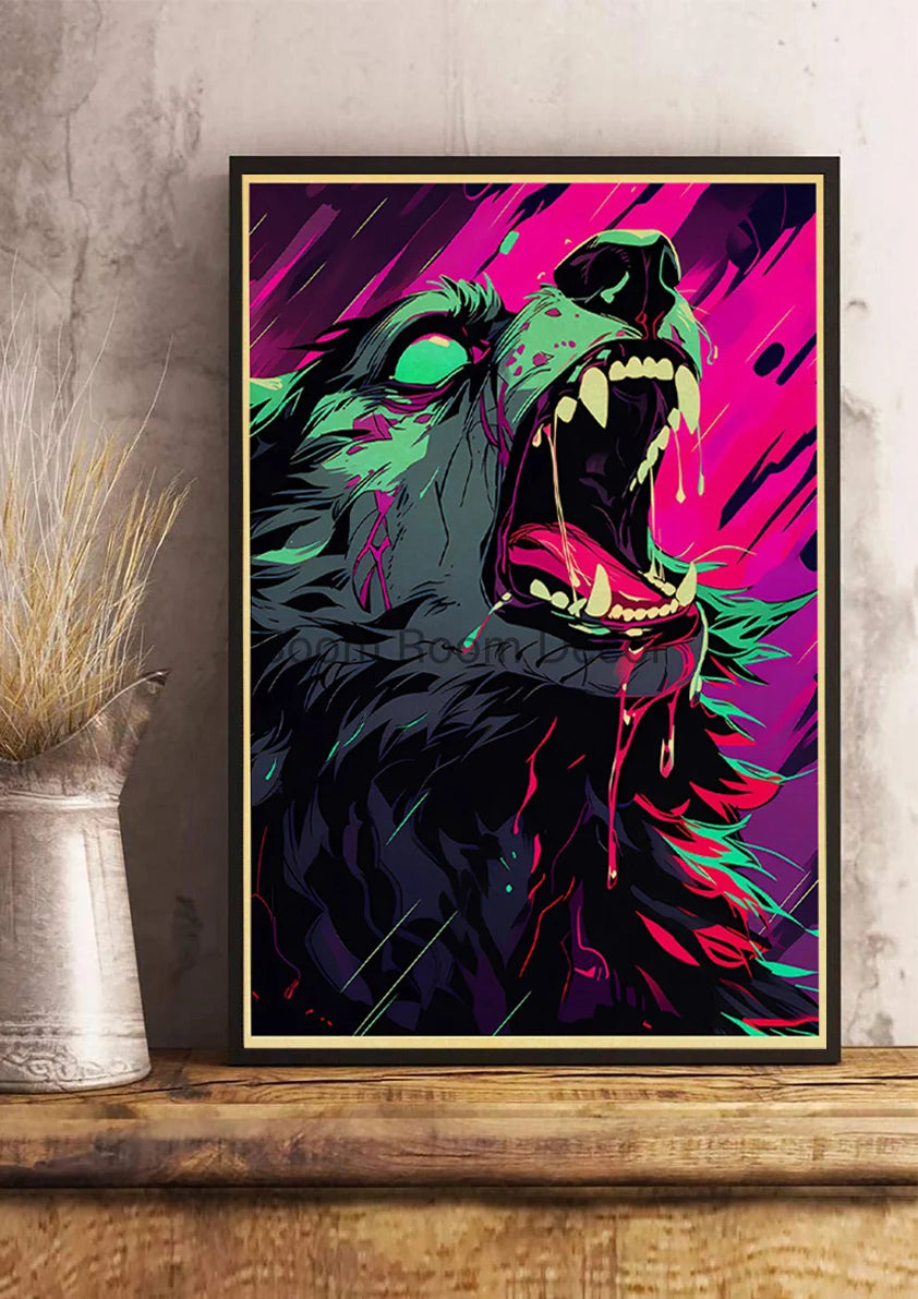 Japan Pop Cyberpunk Animals Posters Aesthetic Kraft Paper Print Bedroom Printed Kawaii Coffee Canvas Wall Art Home Decoration