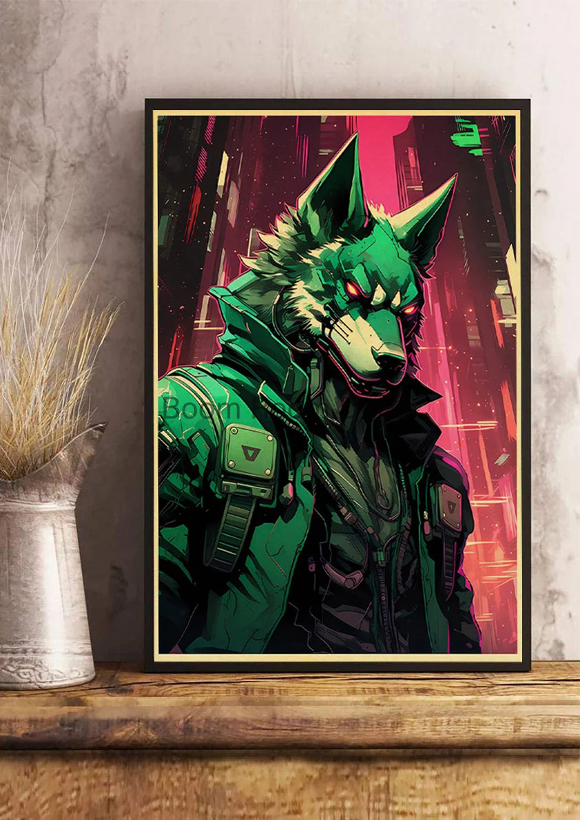 Japan Pop Cyberpunk Animals Posters Aesthetic Kraft Paper Print Bedroom Printed Kawaii Coffee Canvas Wall Art Home Decoration