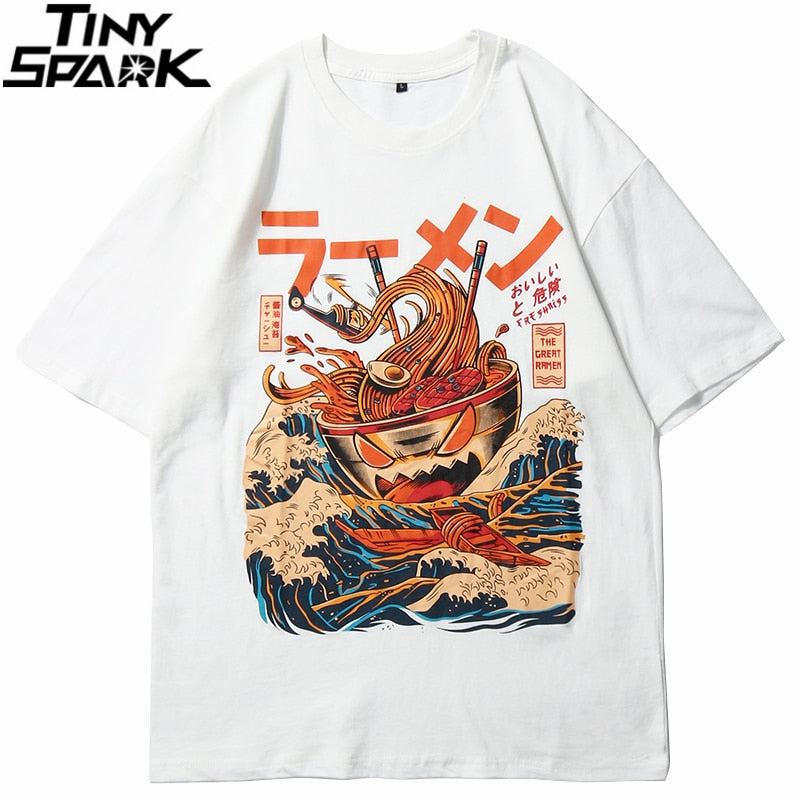 Japanese Harajuku T-Shirt Men Summer Hip Hop T Shirts Noodle Ship Cartoon Streetwear Tshirts Short Sleeve Casual Top Cotton