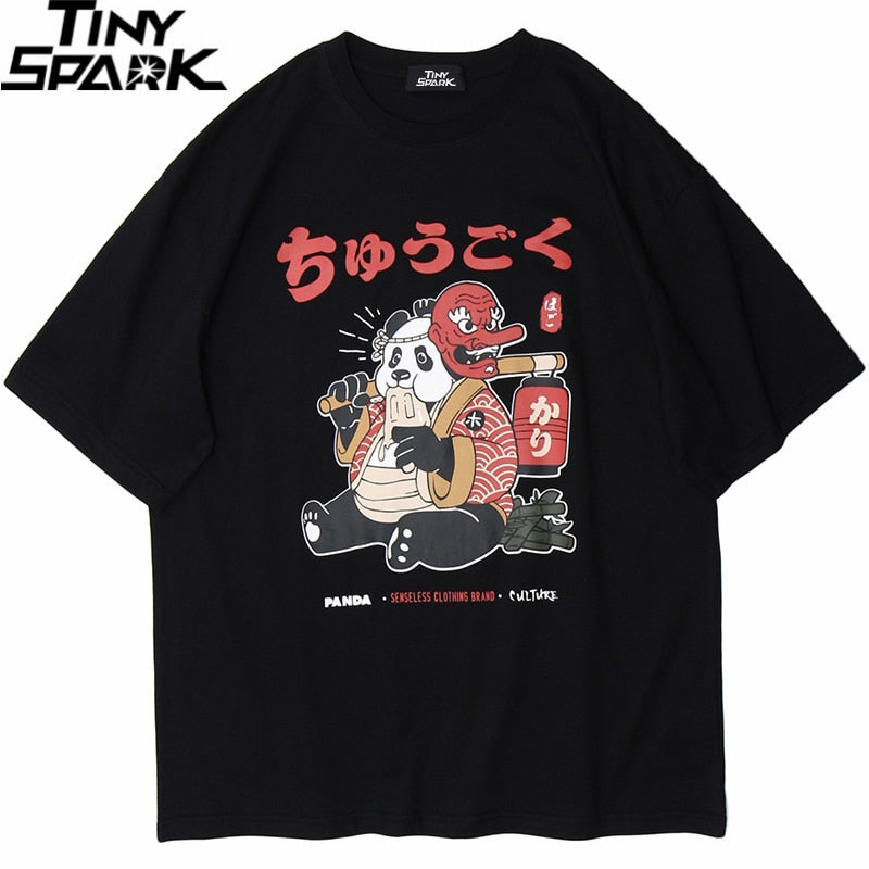 Japanese Streetwear T Shirt Men Hip Hop Funny Fat Panda Samurai T-Shirt Summer Short Sleeve Tshirt Harajuku Cotton Tees New