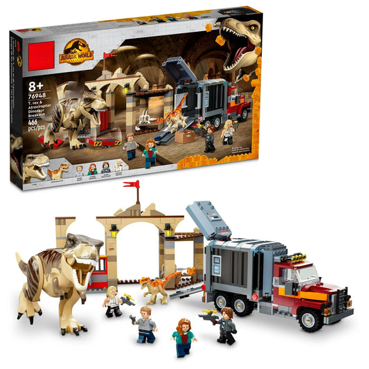 Jurassic World T. rex & Atrociraptor Dinosaur Breakout 76948 Dino Toy Set;  Gift Toys for Kids Age 8 Plus with 4 Minifigures;  Market and Truck;  2022 Movie Inspired